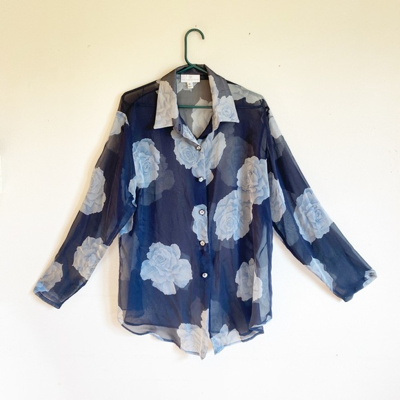 D.D. Collection Tops - Sheer Button Up Blue Floral Blouse